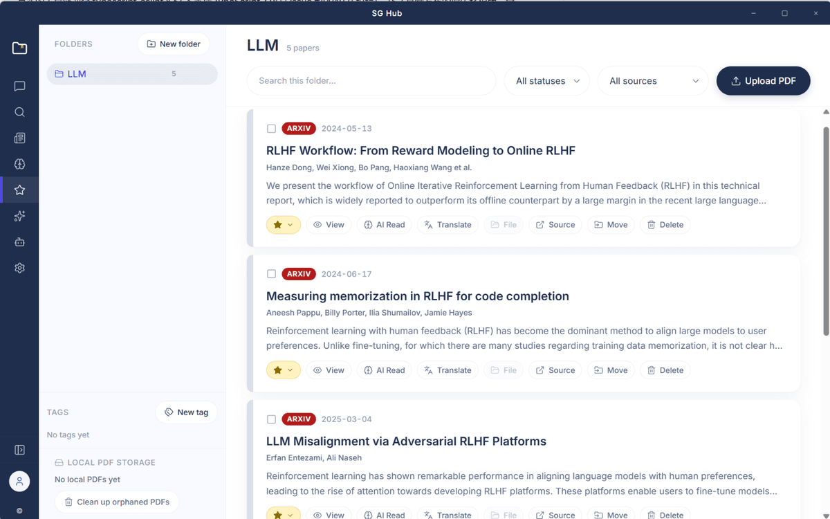 Literature library with folders, tags and local PDF files