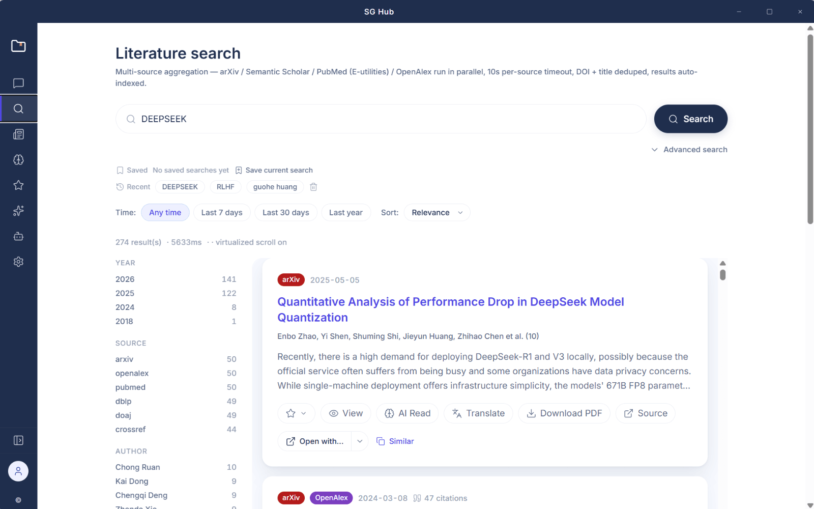 SG Hub search results showing papers aggregated from arXiv, PubMed and Crossref